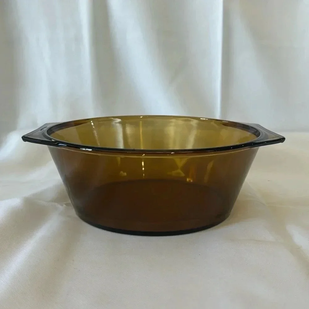 VTG 1970s Arcopal France Smokey Yellow Glass Round Bakeware Serving Dish Handles